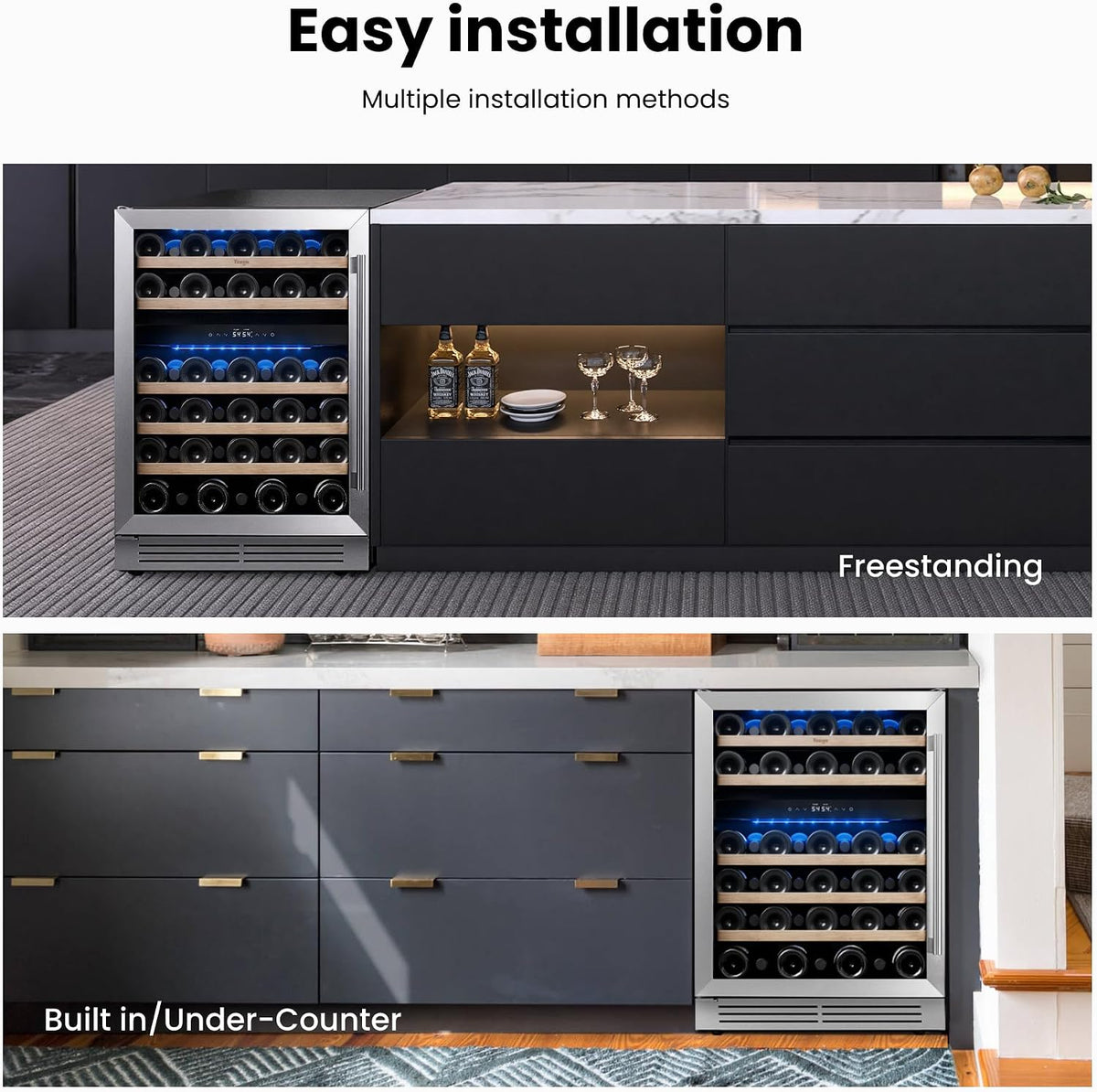 24 Inch Wine Fridge, 52 Bottle Dual Zone Wine Cooler with Left Hinged