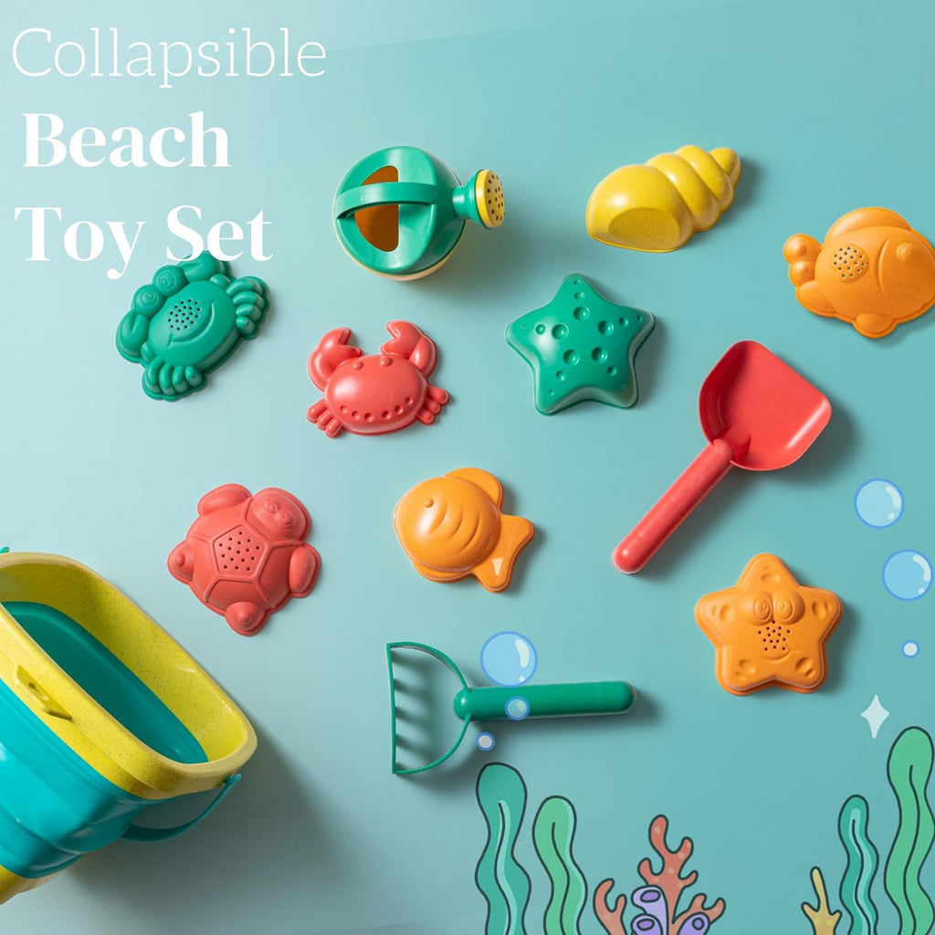 Beach Toys for Kids 12 PCS - Collapsible Sand Toys Set for Toddlers | Sand Toys Set Includes Collapsible Sand Bucket