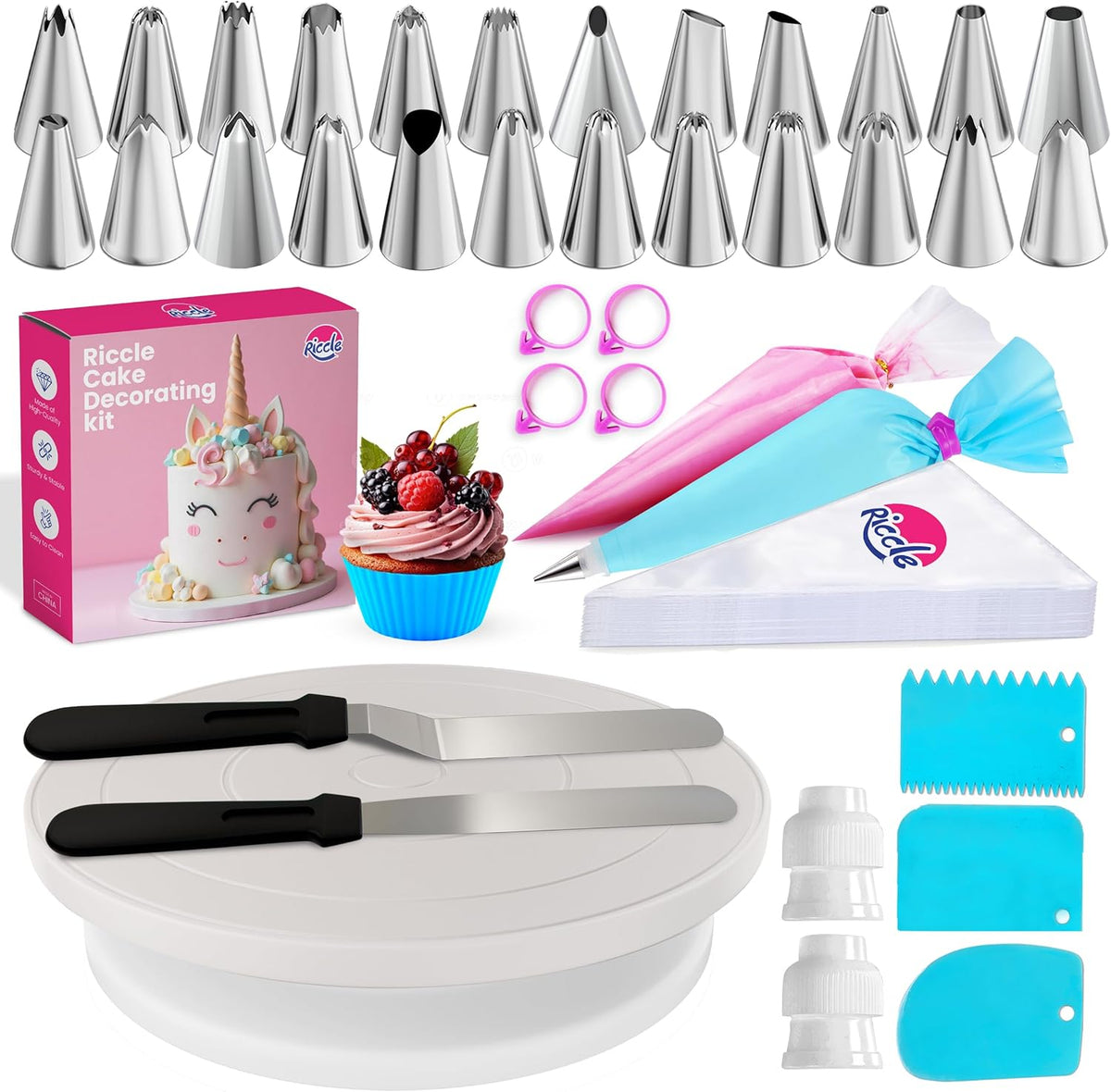94 pcs Cake Decorating Kit with Cake Turntable - Includes 50pcs 16 Inch Disposable + 2 Reusable Piping Bags and Tips