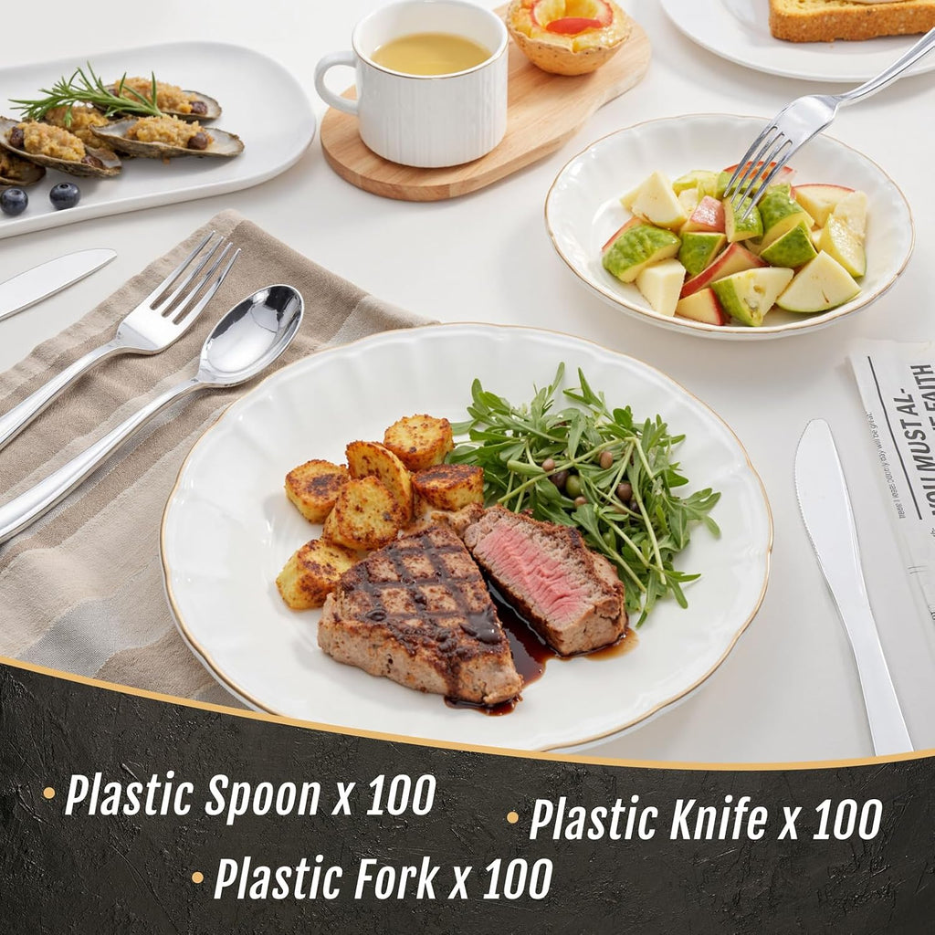 300 Pieces Silver Plastic Silverware - Plastic Silverware Heavy Duty - 100 Forks 100 Knives 100 Spoons - Disposable