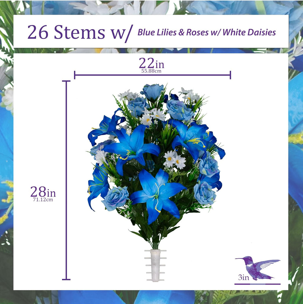 Artificial Cemetery Flowers - Gravesite Flowers - Blue Lily and Rose with White Daisies