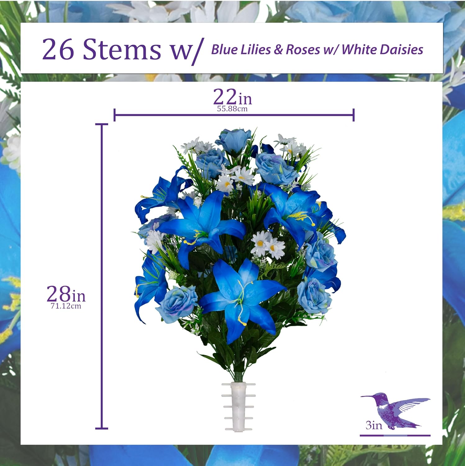 Artificial Cemetery Flowers - Gravesite Flowers - Blue Lily and Rose with White Daisies