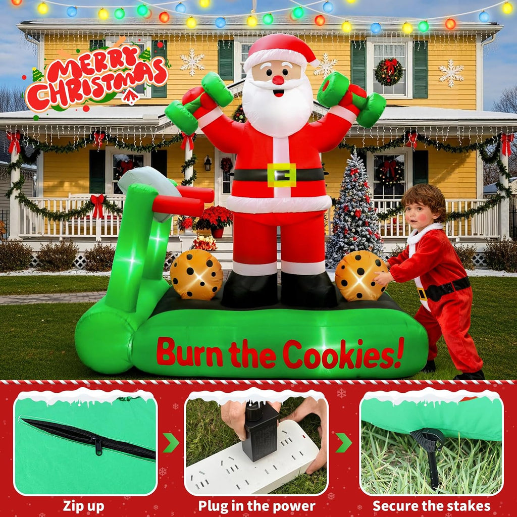 7FT Christmas Inflatable Santa Decorations, Santa on Treadmill with Dumbbells, Funny Fitness Santa Outdoor Blow Up