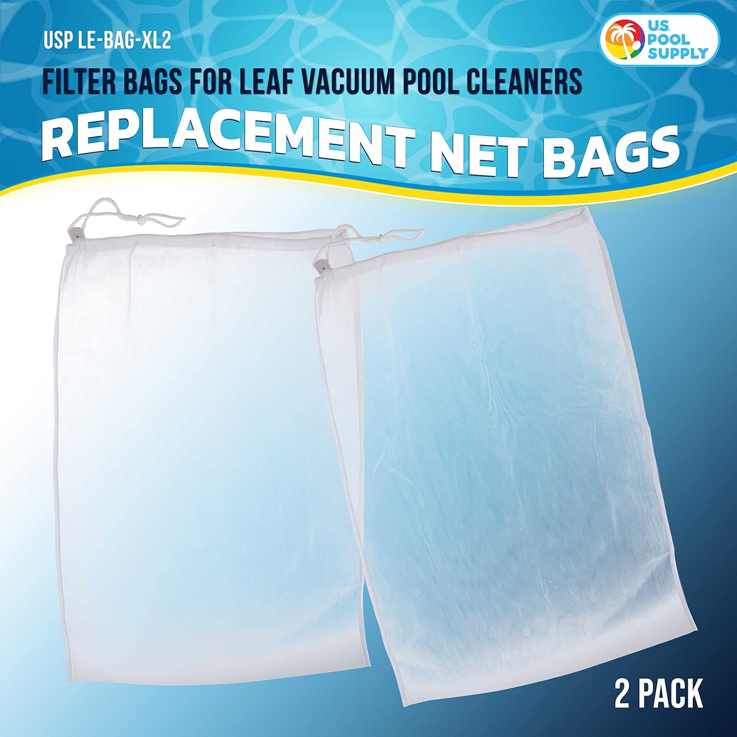 Fine Mesh Filter Bags for Leaf Vacuum Pool Cleaners, 2 Pack - Large 16" x 20" Replacement Net Bags, Locking Cord
