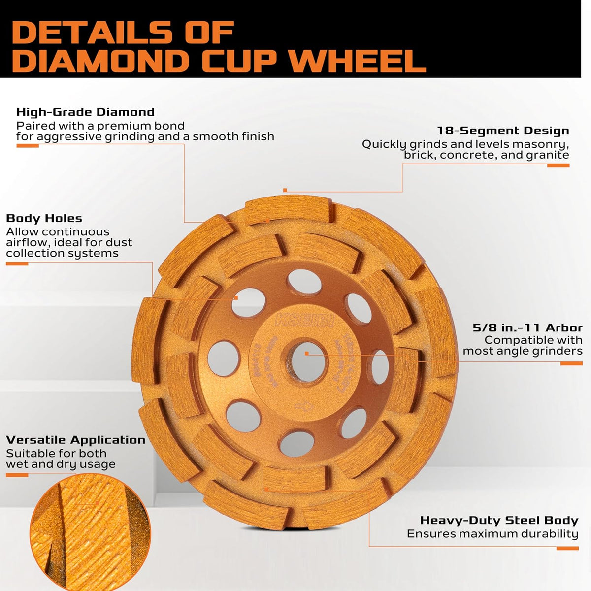 KSEIBI 644116 Diamond Concrete Grinding Wheel Cup 4 1/2" x 5/8"-11