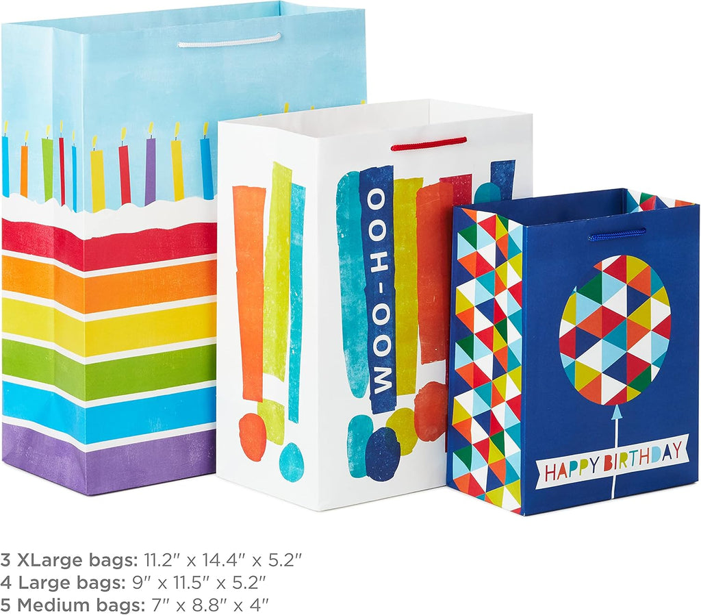 Gift Bag Assortment, 12-Pack, 3 Sizes (Birthday, Stripes, Dots)