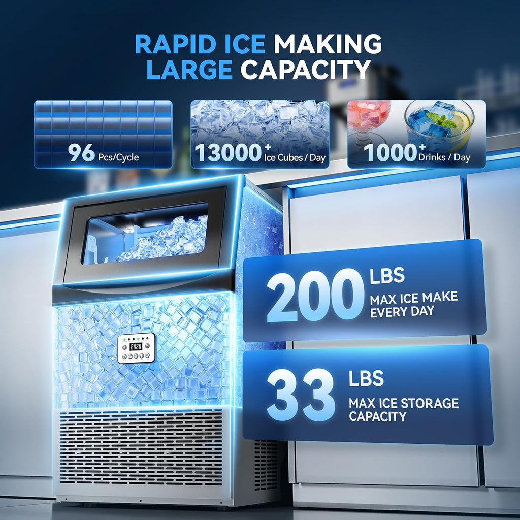 Commercial Ice Maker, 200LBS/24H Ice Maker for Home, Rest, Bar