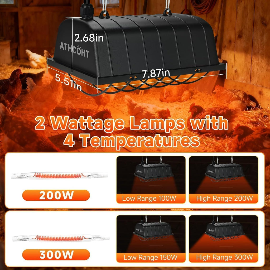 300W Heat Lamp for Chickens Brooder Heater 2PCS Chicken Coop Heater Upgraded 12000H Carbon Fiber Bulbs Adjustable 2