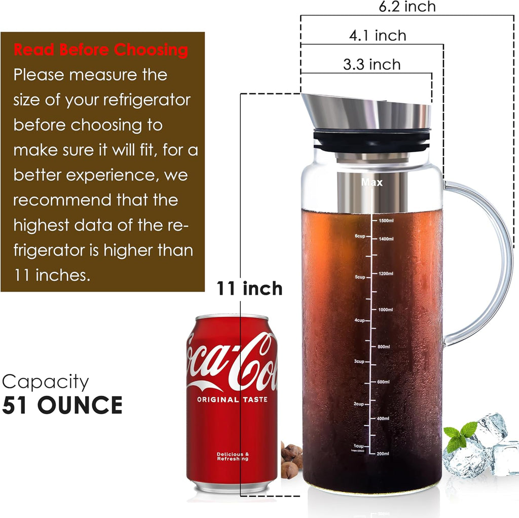 51oz Cold Brew Coffee Maker, Borosilicate Glass Pitcher for Iced Tea | Dishwasher Safe, Family Size, Up to 2 Weeks