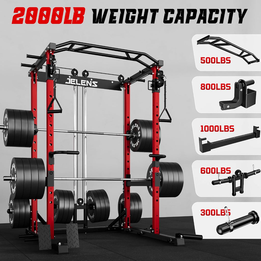 C12 Power Rack, 2000LBS Squat Rack with Cable Crossover System, Workout Cage with More Training Attachments for Home Gym