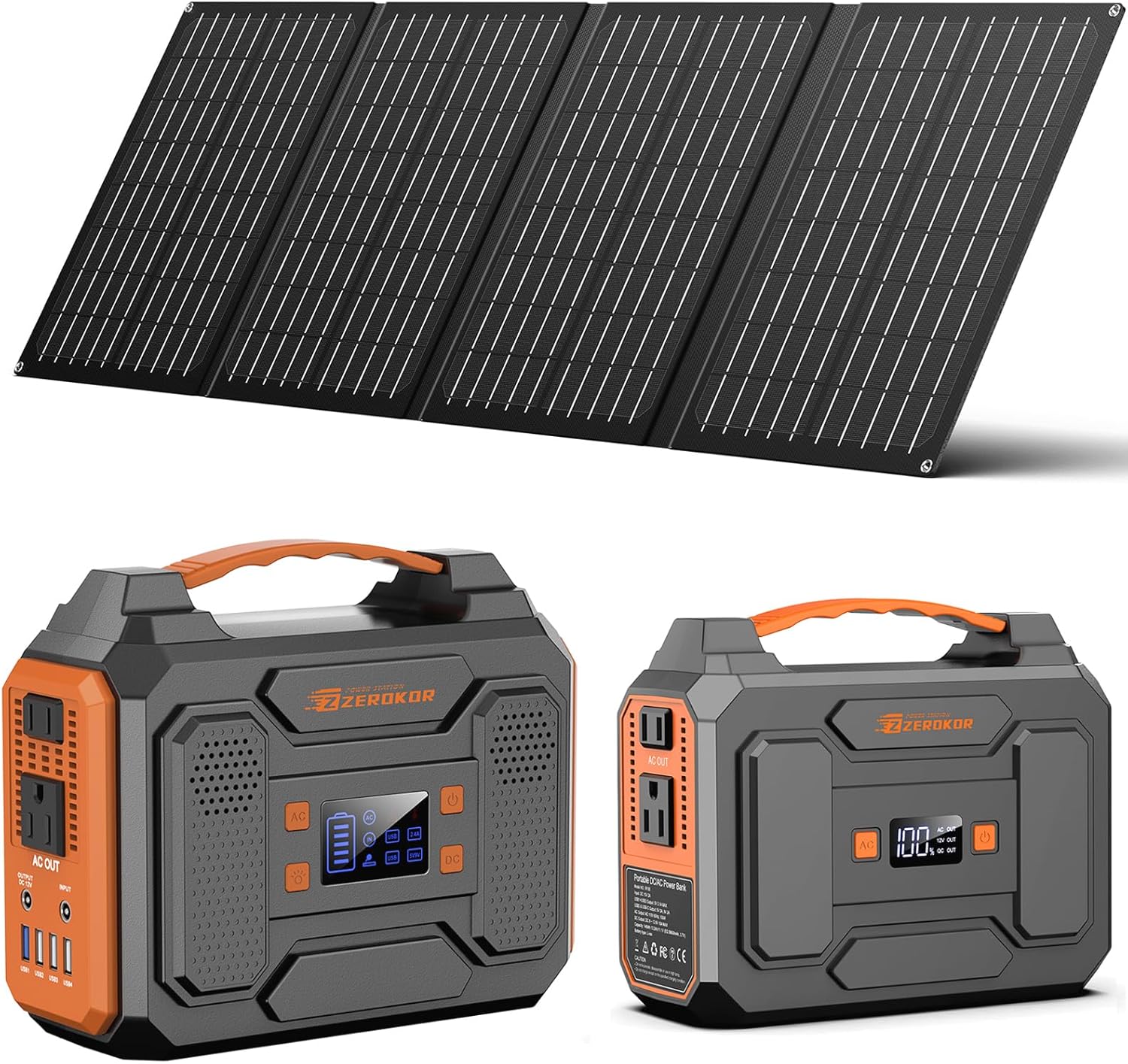 Portable Solar Generator with Panel, 300W Portable Power Station with Foldable Solar Panel 40W, 110V AC Outlet 100W
