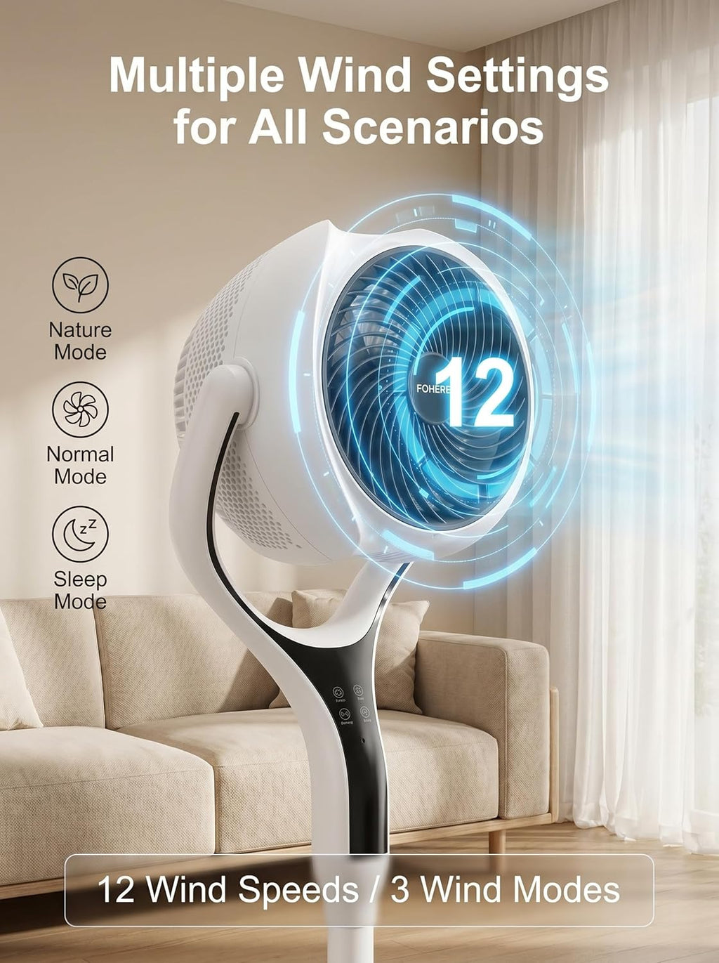 Quiet Air Circulator Fan for Bedroom，120° + 90° 3D Oscillating Pedestal Fan with Remote, 25dB Sleep Mode, 12 Speeds