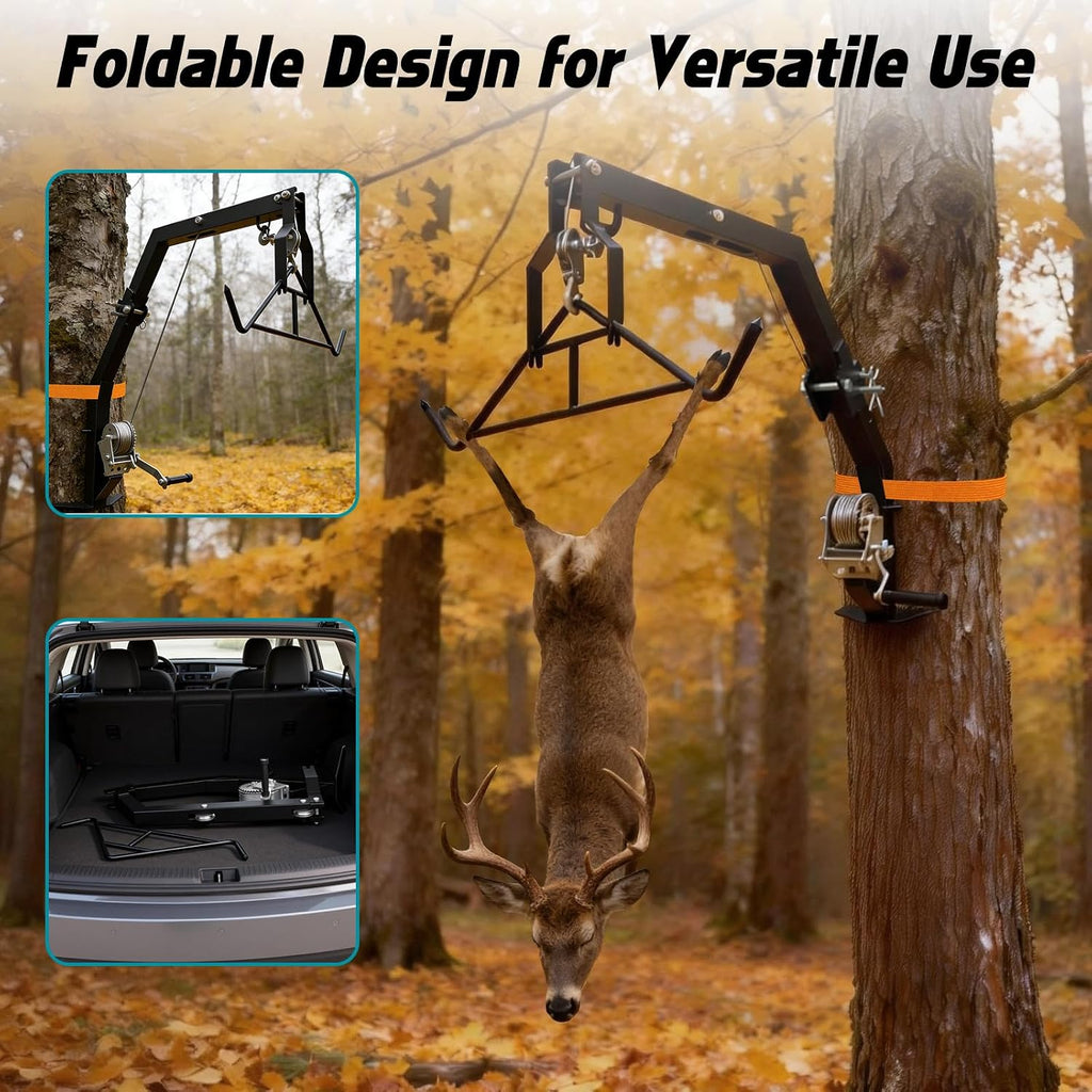 Tree Mounted Deer Hoist with Gambrel - 500lbs Game Hoist with Winch, Ratchet Strap, 23ft Cable, Portable Detachable