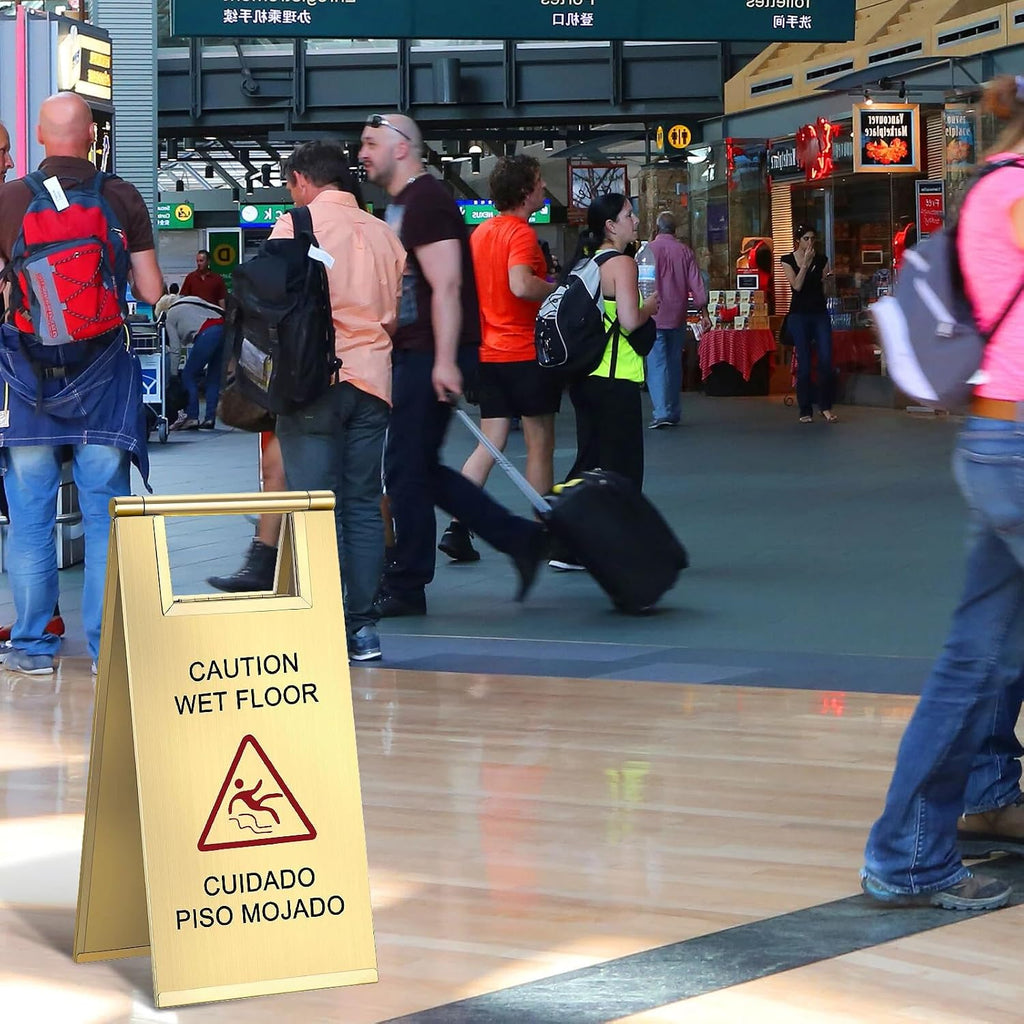 2 Pcs Wet Floor Sign, 17 Inch Stainless Steel Caution Wet Floor Sign Double Sided Portable Foldable Bilingual Safety