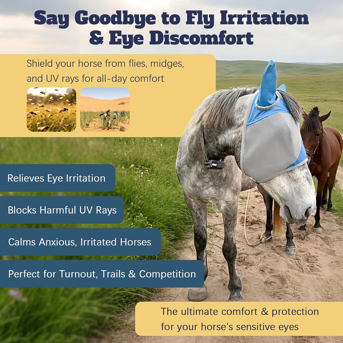 Horse Fly Mask with Ears, Breathable UV Protection Mesh, Large Eye Space No Rubbing, Soft Fleece Trim, Adjustable