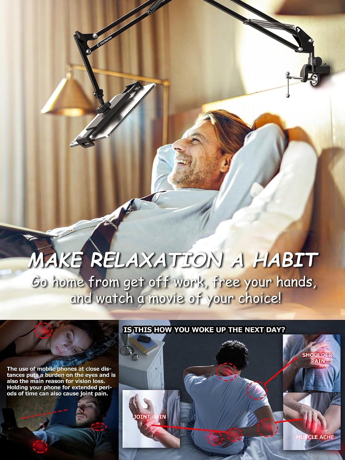 33.5 Inch Tablet Stand, Adjustable Gooseneck Tablet Arm, Universal Tablet Holder Stand for Bed Desk, 360° Rotation