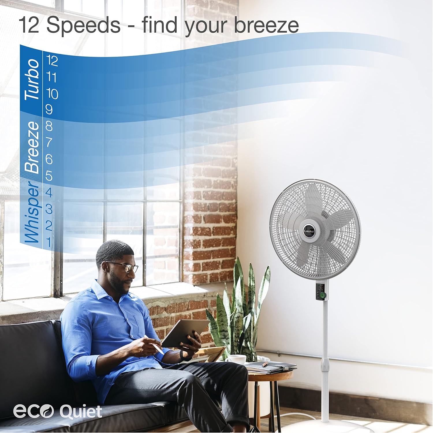 EcoQuiet Oscillating Pedestal Fan with Whisper Quiet DC Motor, 12 Speeds, 8 Hour Timer, Adjustable Height, Remote