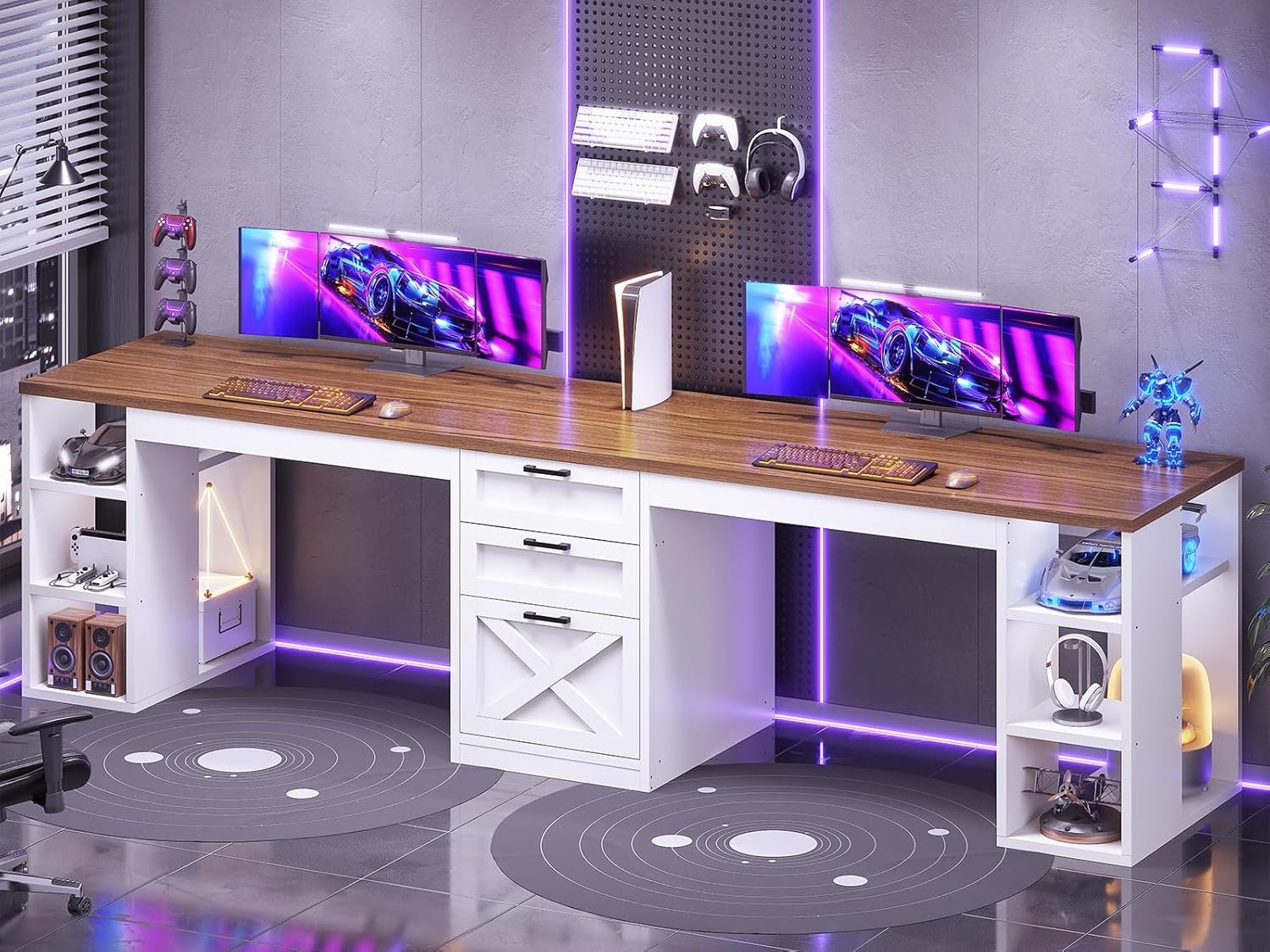 Farmhouse 96.5" Computer Desk with Drawers, 2 Person Home Office Desk, Gaming Double Desk with Storage Shelves, Long