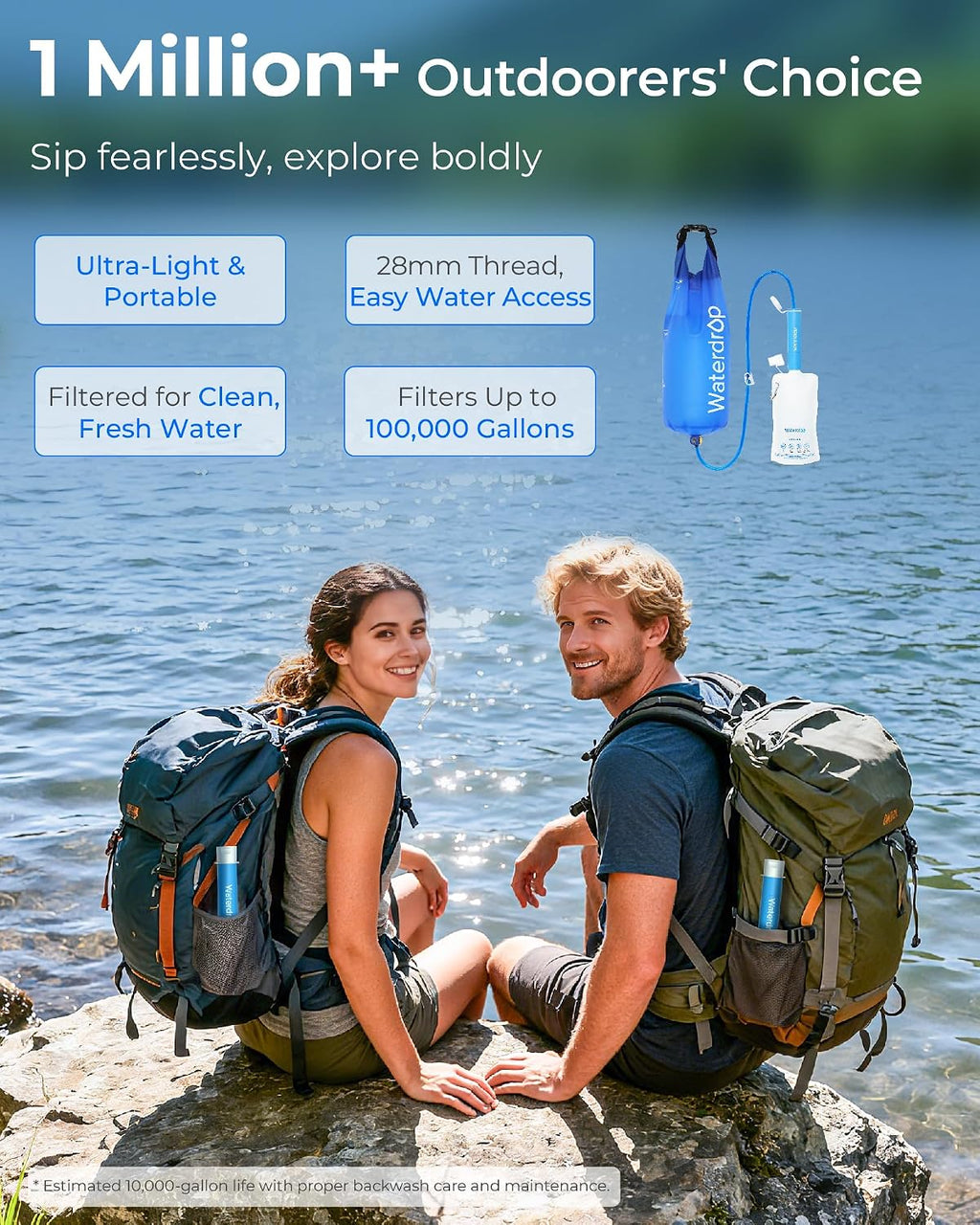 Gravity Water Filter Straw, Camping Water Filter, 0.1 Micron | Survival Water Purifier for Hiking, Backpacking &