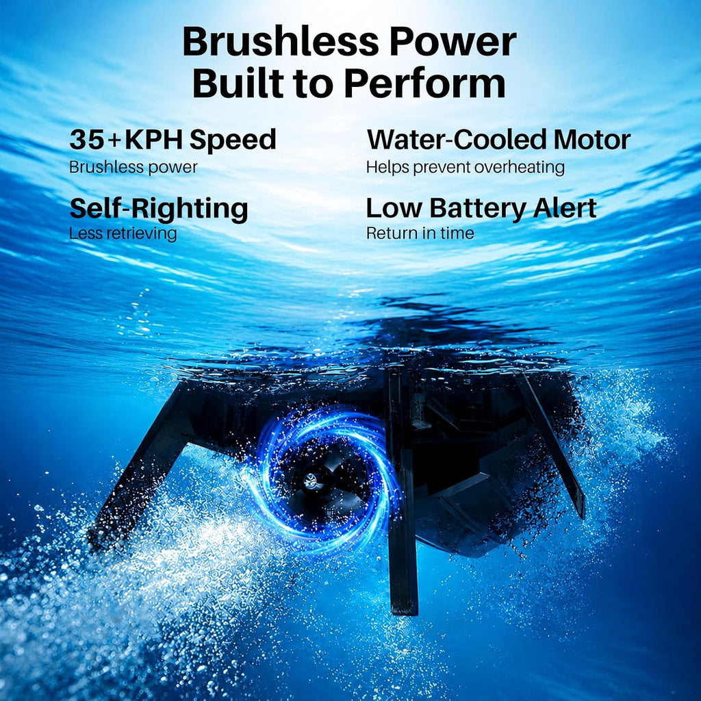 Brushless RC Boat for Adults & Teens, 35+ KPH, Self-Righting | Water-Cooled Motor, Adjustable Speed, 30-Min Runtime