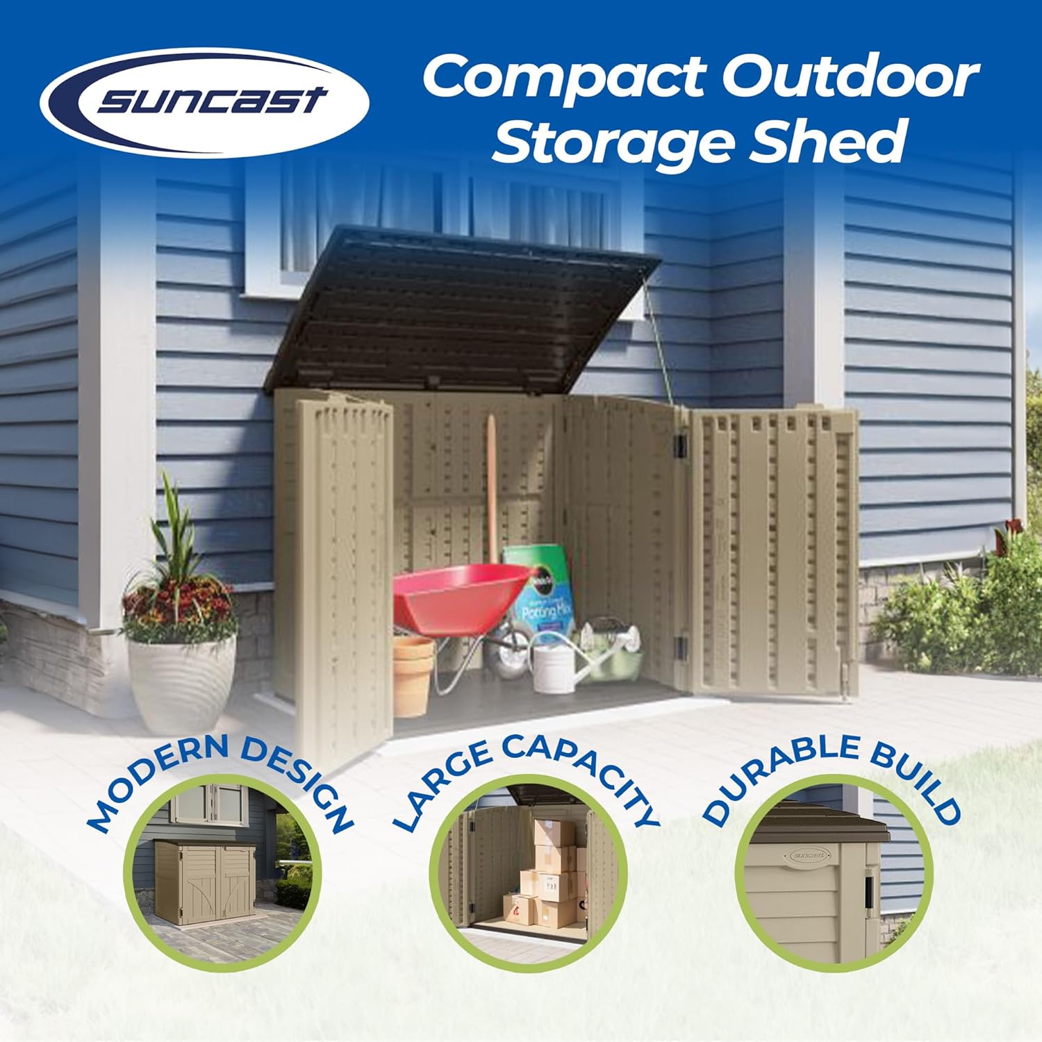 Horizontal Shed, Compact Outdoor Storage System, 34 Cu. Ft. Capacity, Sand & Slate - Lockable Multi-Wall Resin