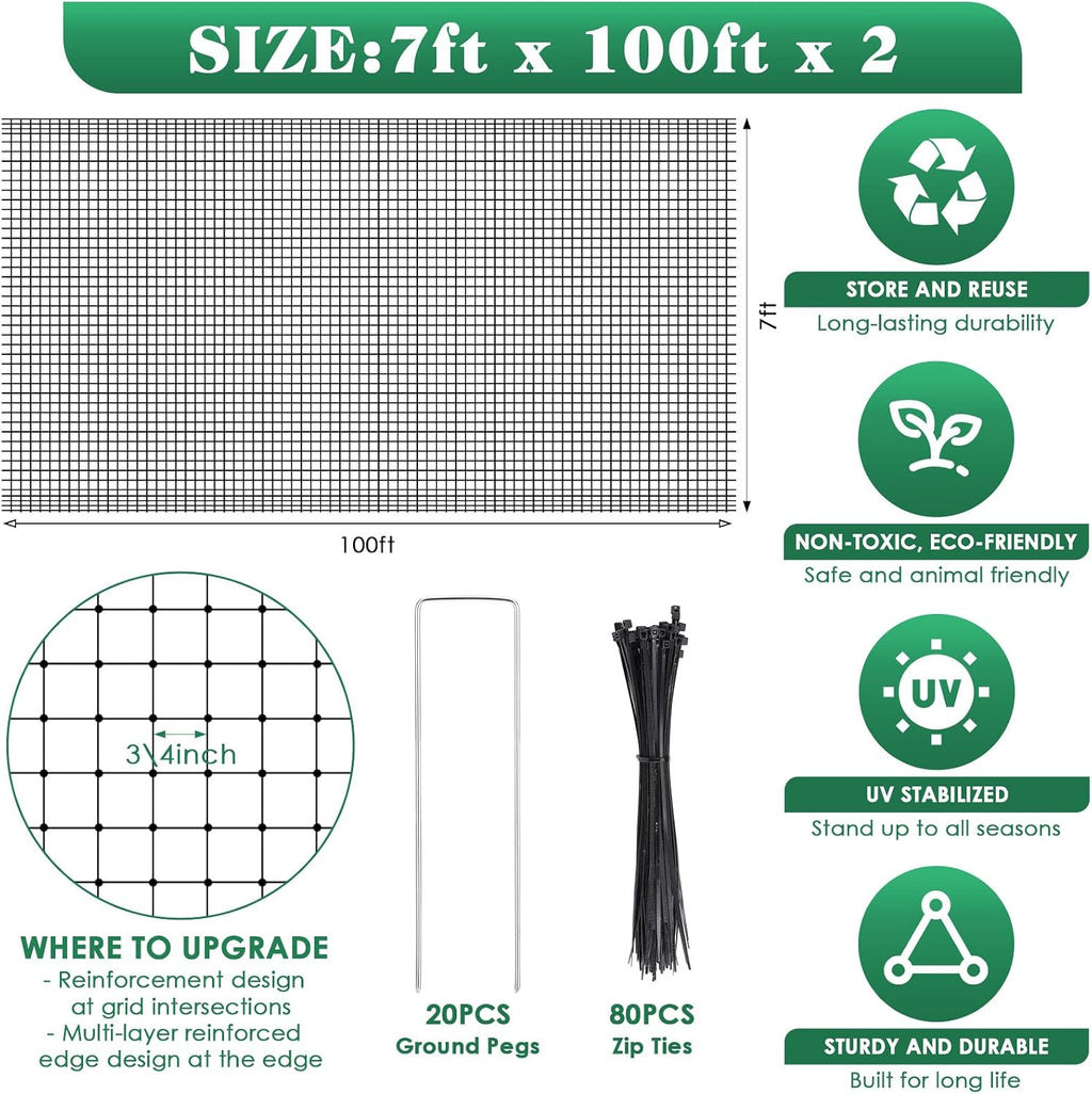 2 Roll Deer Fence Netting, 7.5 x 200 ft Heavy Duty Garden Netting Reusable Fence Barrier Anti Birds for Protect Fruit