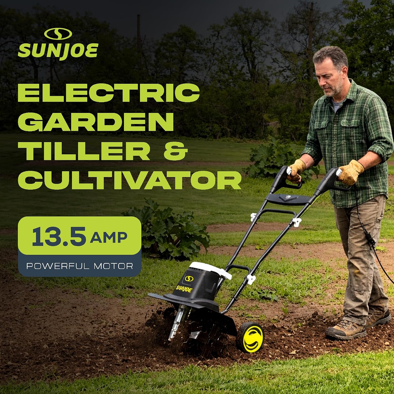 Corded Electric Garden Tiller & Cultivator with Steel Tines, 16", 13.5-Amp Motor - Heavy-Duty Tilling Machine for