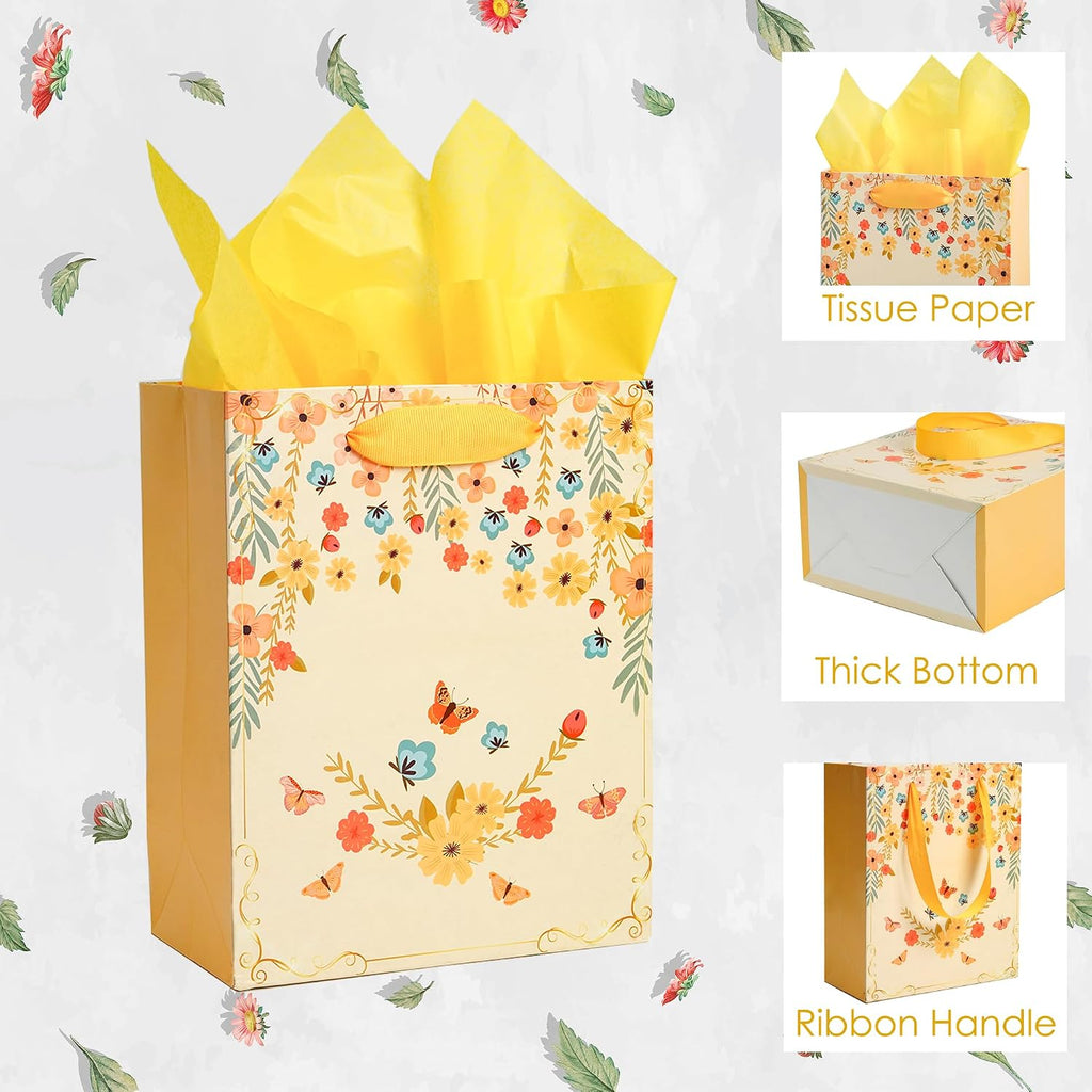 8 Pack Floral Kraft Gift Bags Assorted Sizes with Tissue Paper