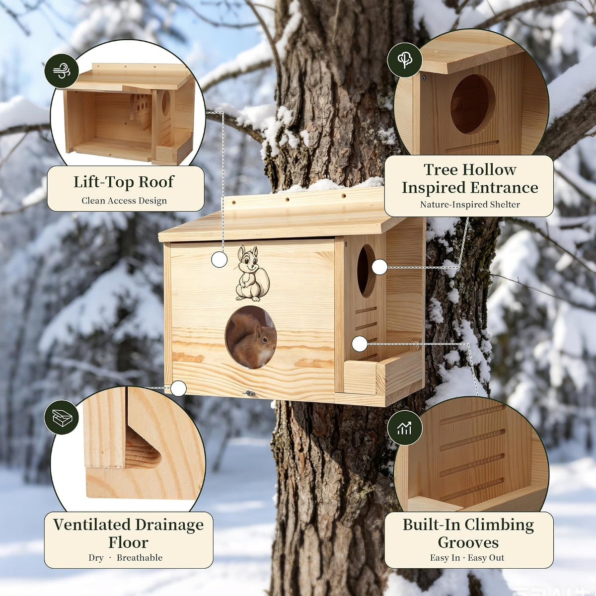 XL Squirrel House 16.5", Anti-Predator Nest Box with Feeder, Viewing Window