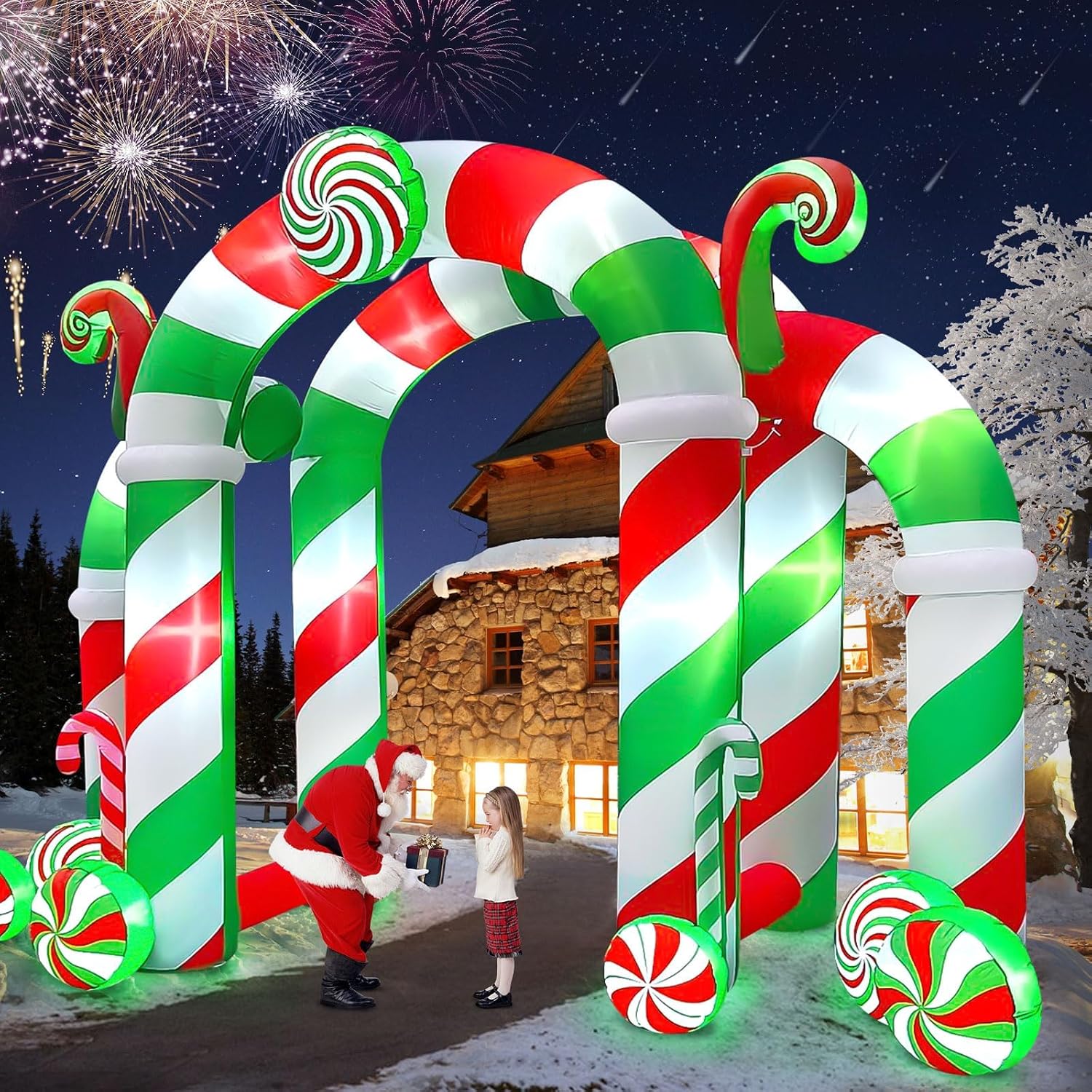 13FT Christmas Archway Inflatables with LED Light, Giant Xmas Candy Arch Inflatable Stereoscopic Blow up Christmas