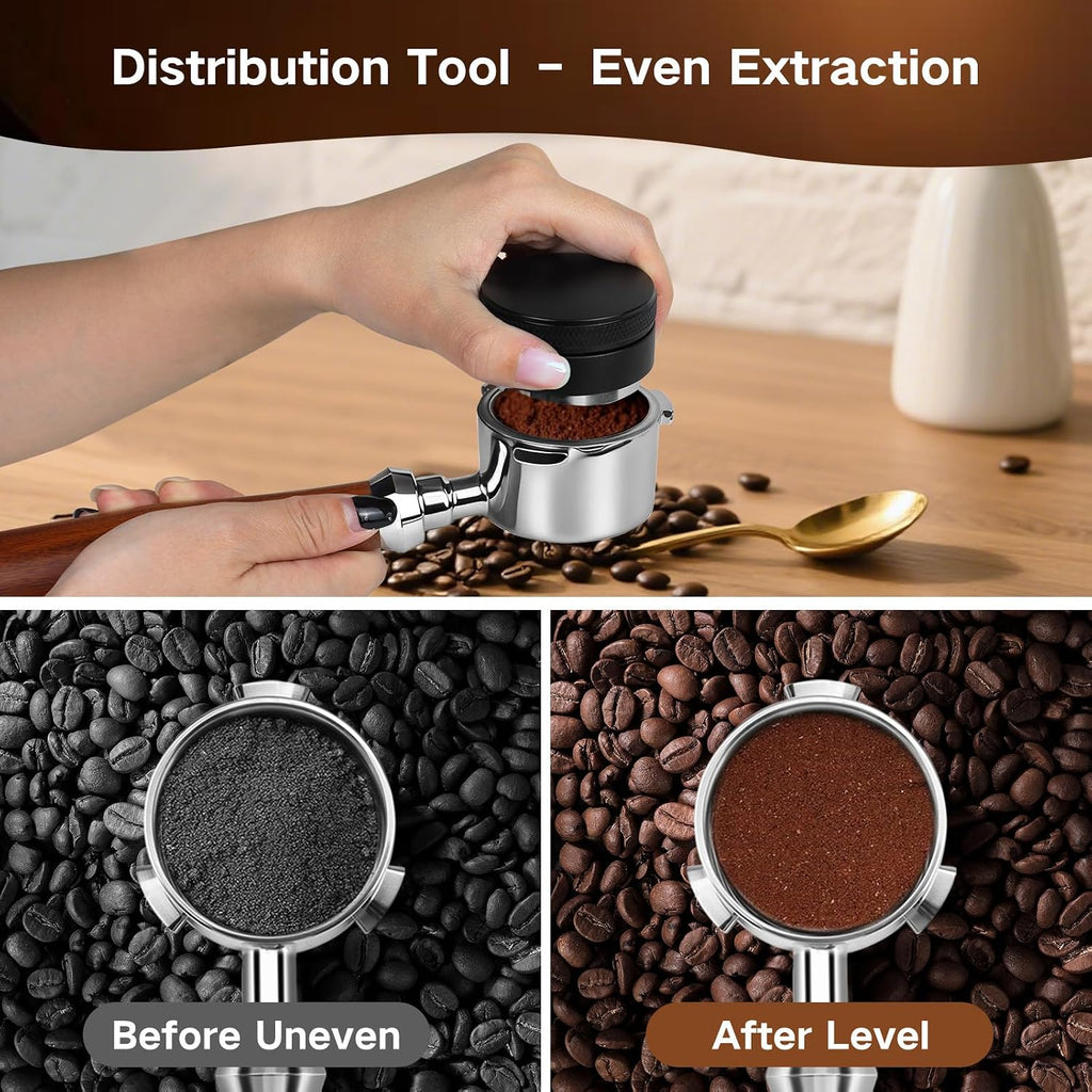 51mm Espresso Accessories Kit, 3-in-1 Set with Coffee Distributor, Calibrated Spring Tamper, and Magnetic Dosing