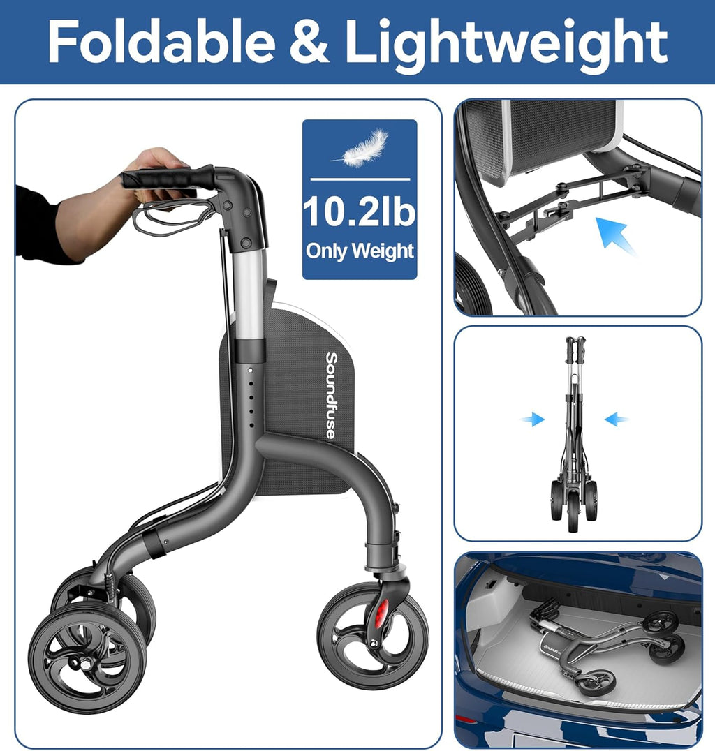 3 Wheel Walkers for Seniors, Lightweight Foldable Aluminum Rollator Walker, Height Adjustable Three Wheel Walker, Black