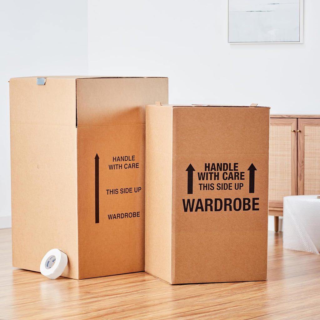 Sturdy Wardrobe Moving Boxes with Hanger Bar for Packing Clothes, Easy to Assemble, With Handles, 20" x 20" x 34"