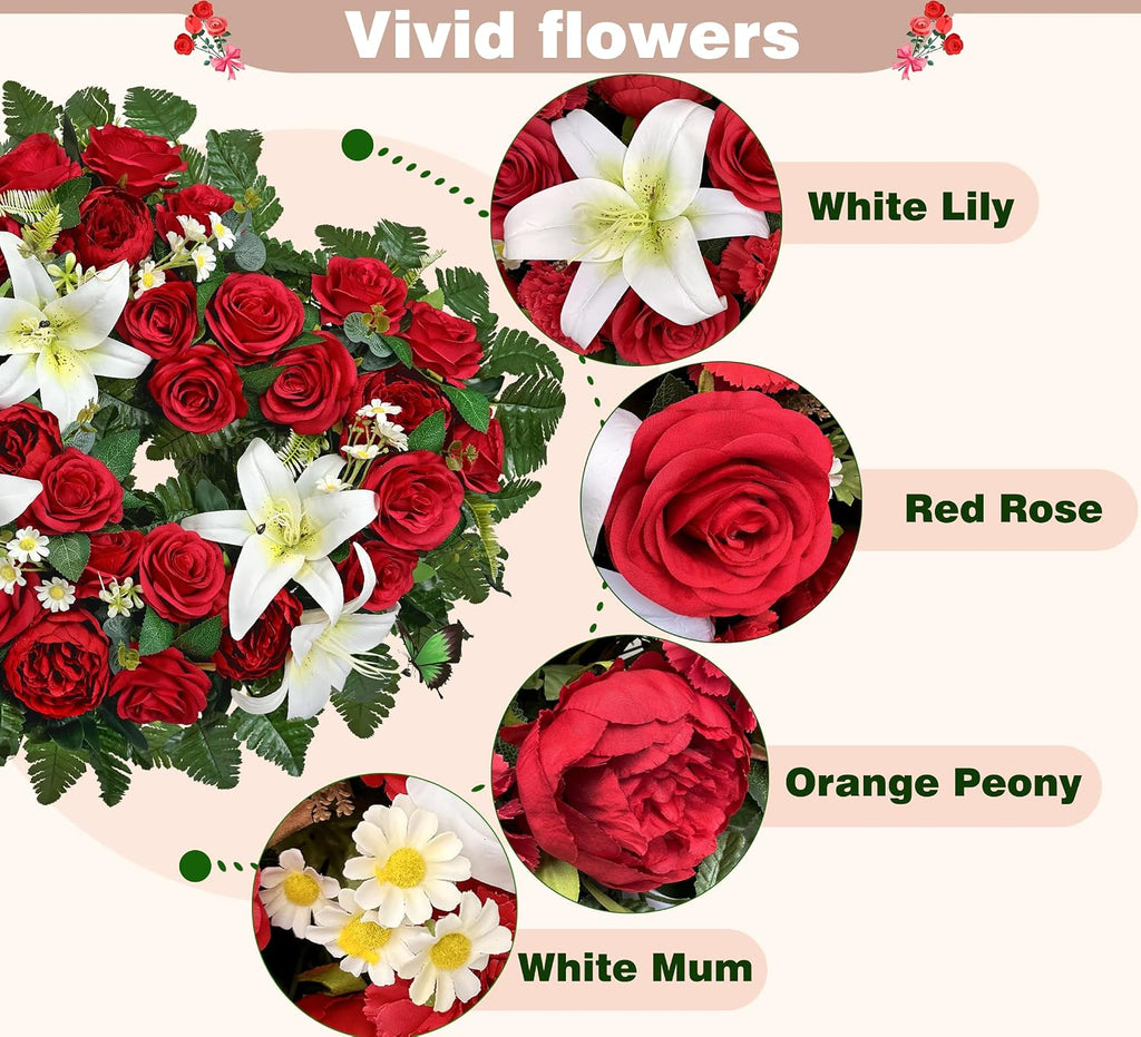 Cemetery Flower - Ebullient Remembrance Standing Heart, Grave Wreath with Easel Stand,Memorial Floral-Red Rose