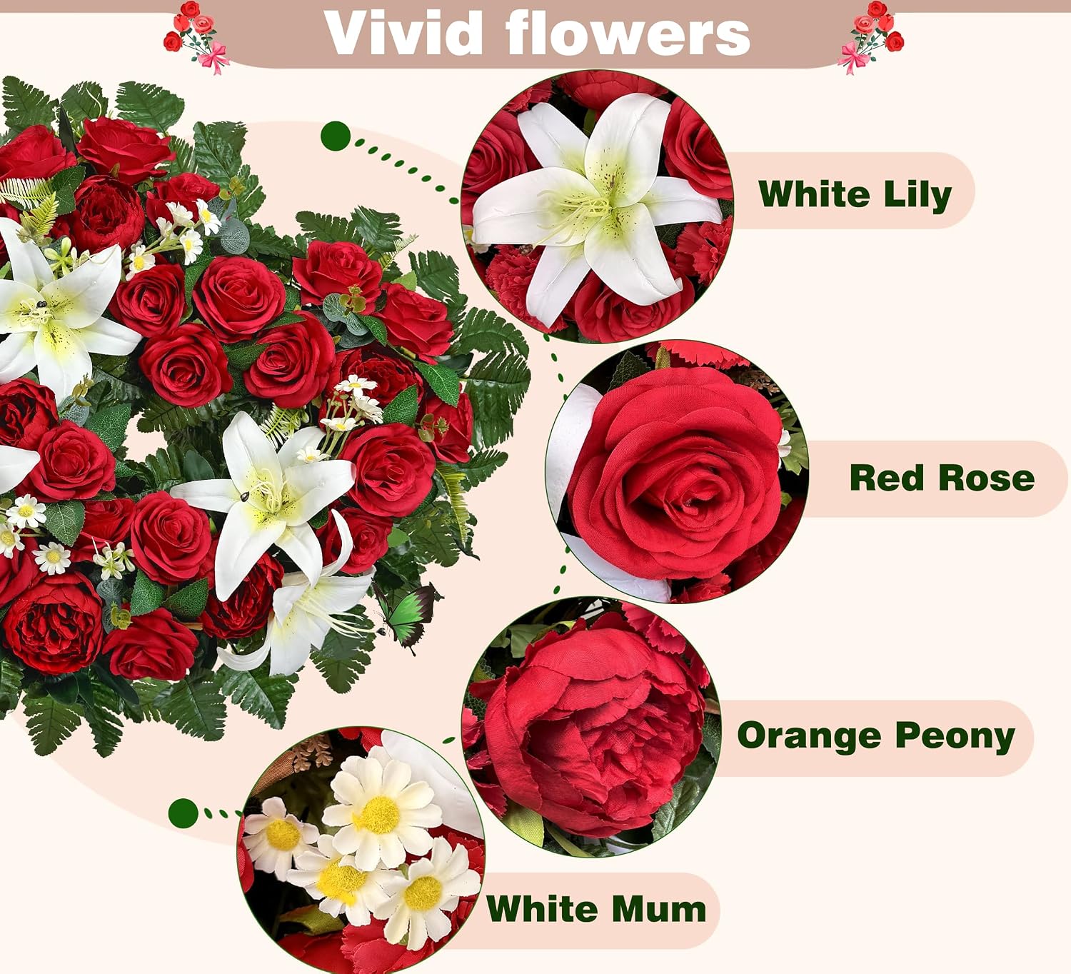Cemetery Flower - Ebullient Remembrance Standing Heart, Grave Wreath with Easel Stand,Memorial Floral-Red Rose