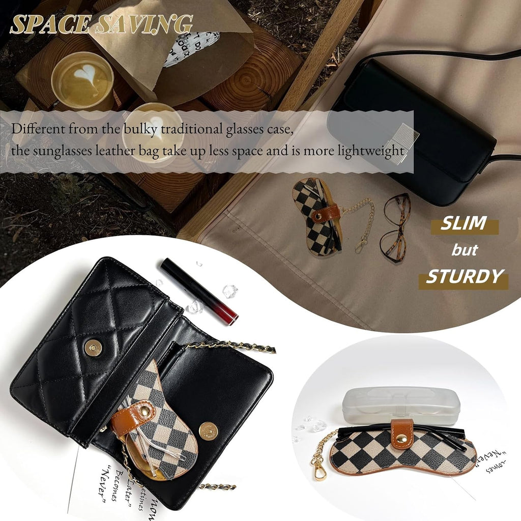 Eyewear Clutch Glasses Case with Clip Soft Leather Sunglasses Bag | Leopard, Plaid, Ultra slim for purse, Portable