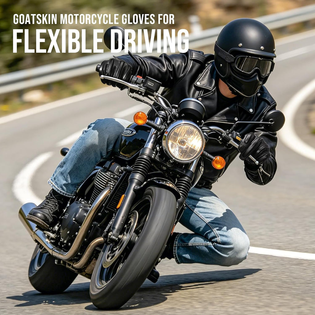 Leather Motorcycle Gloves for Men，Goatskin Riding Touchscreen | Perforated Breathable Summer Gloves for