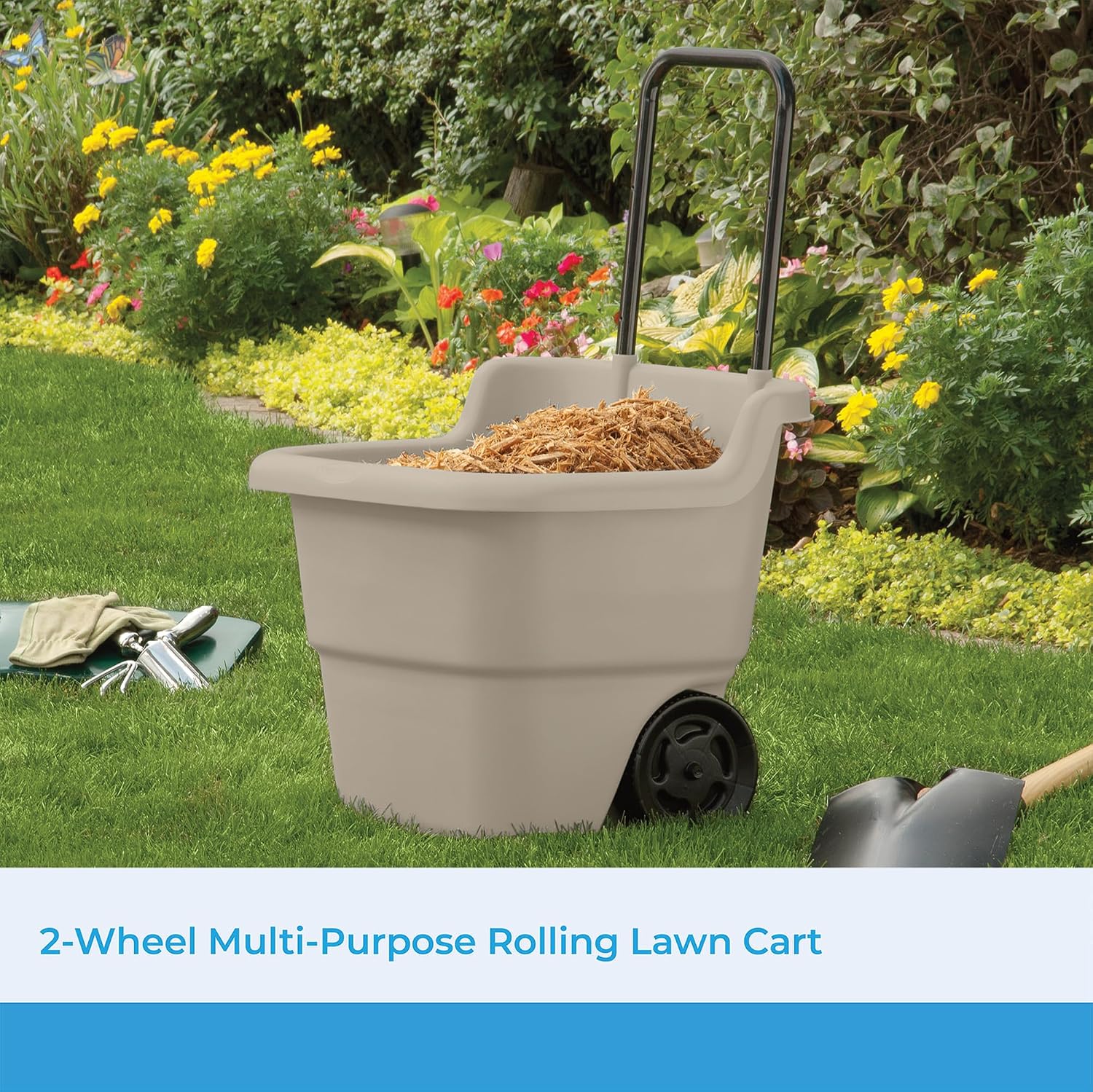 Garden Cart on Wheels, Taupe 15.5-Gallon Resin Outdoor Utility Yard Cart for Seniors, Lightweight 2 Wheel Wheelbarrow