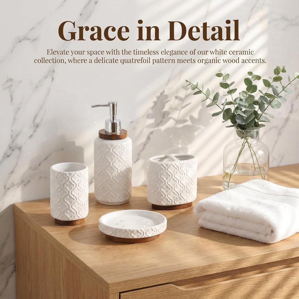 Ceramic 4-Piece Bathroom Accessory Set,White | Ceramic Bathroom Set 4-Piece Countertop Essentials Embossed Textured
