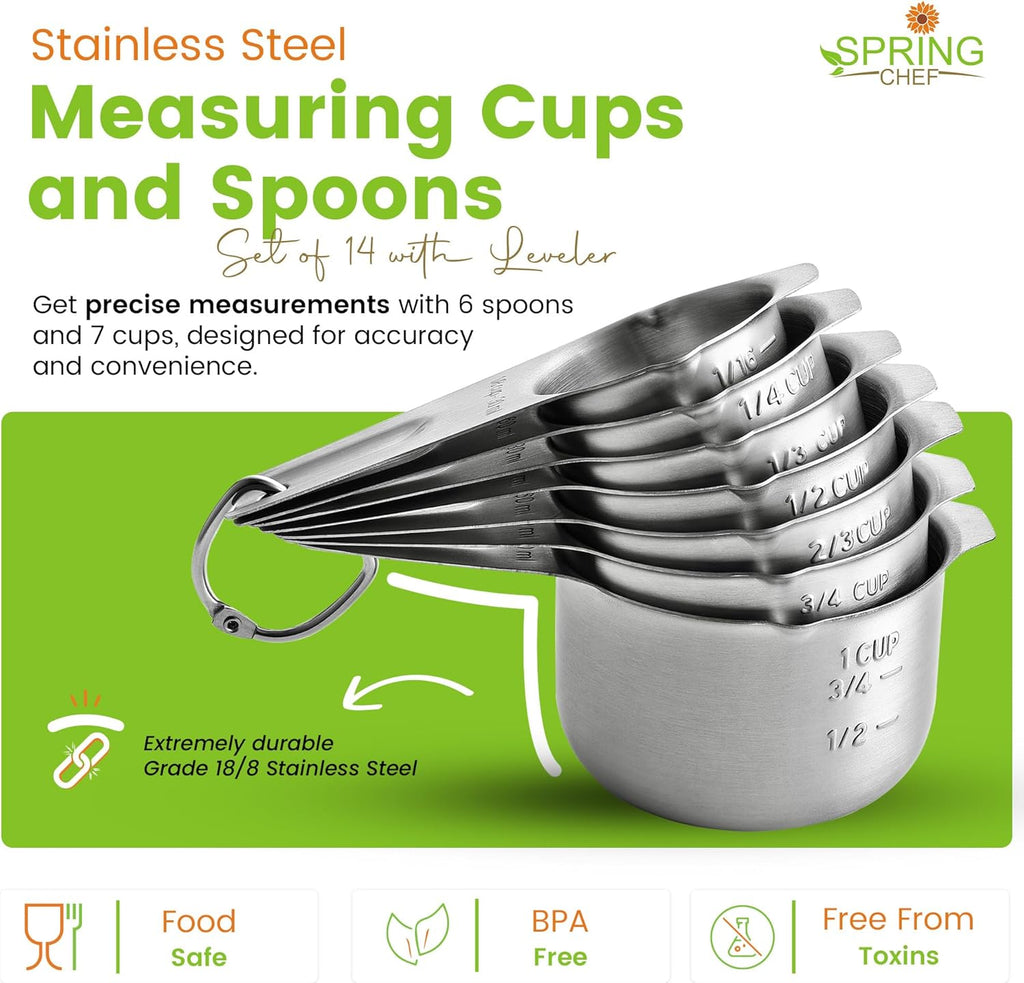 Stainless Steel Measuring Cups and Spoons Set of 14 with Leveler, Nesting Kitchen Metal Measuring Cups and Spoons Set