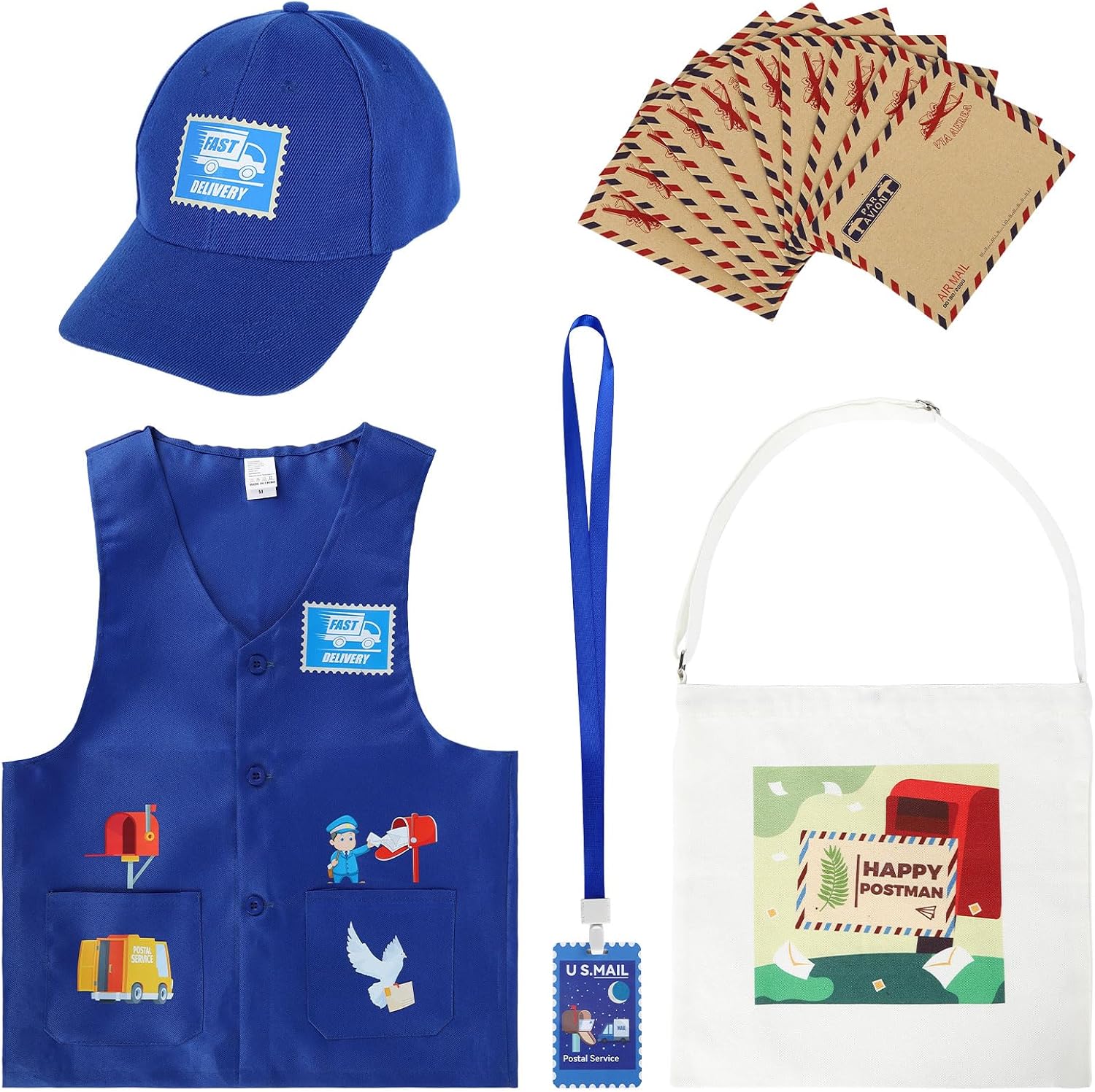 Mailman Costume for Kids Includes Mail Carrier Vest Hat Canvas Bag Mailman Pass Cards and Envelopes for Postman