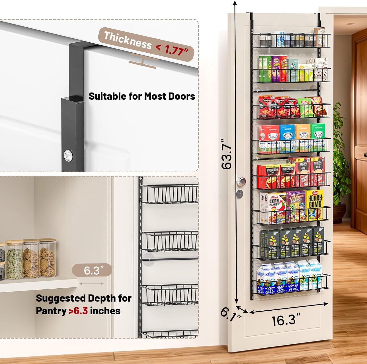8-Tier Pantry Door Oragnizer, Over The Door Pantry Organizer Rack and Storage, Hanging Spice Rack Shelves Door, Home