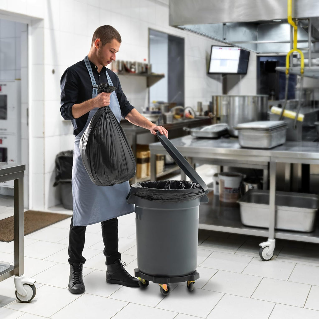 Commercial Round Trash Can with Lid and Dolly Rolling Waste Container, Ingredient Bin, Heavy-Duty Plastic