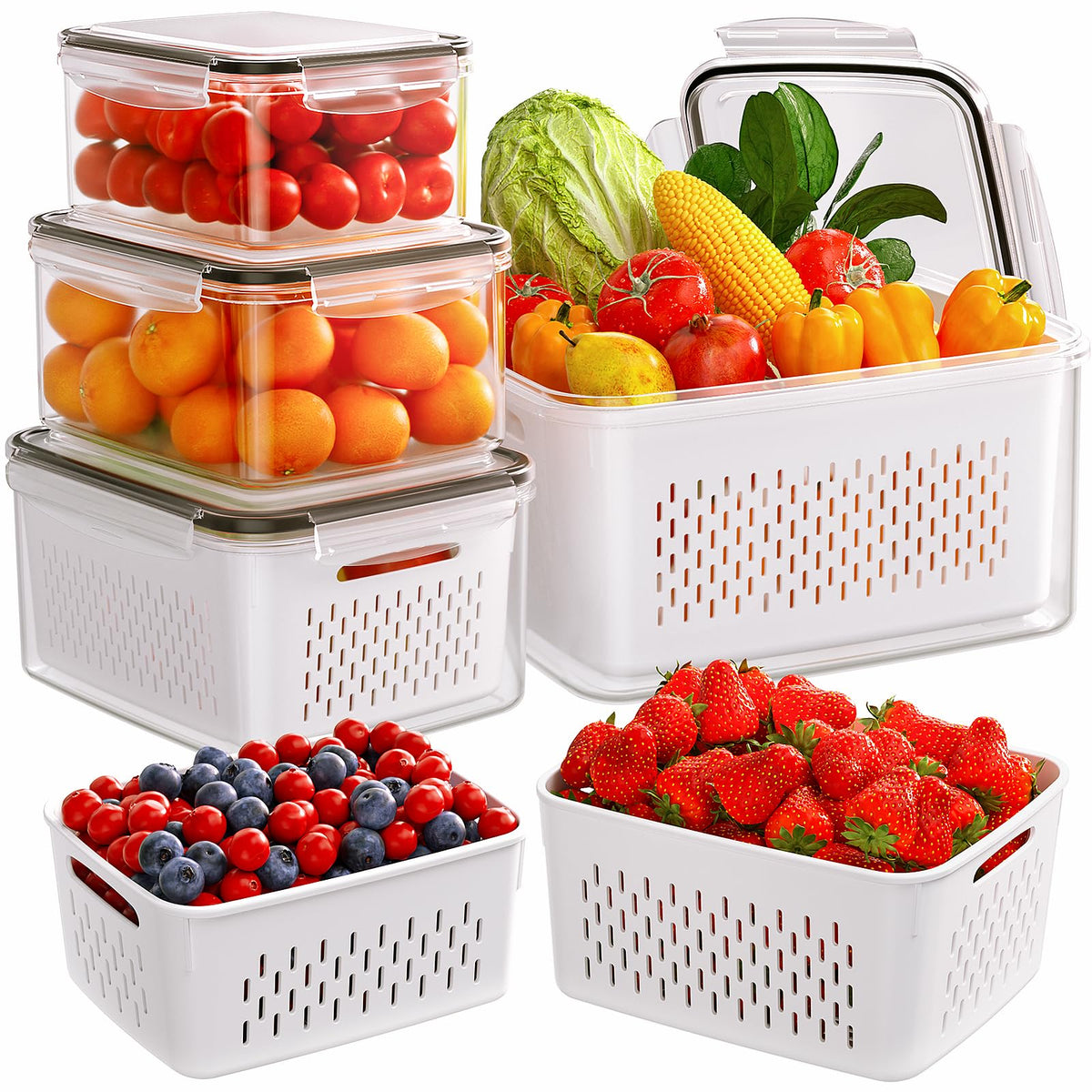 5-Pack Fruit Storage Containers for Fridge with Removable Colanders, 4 in 1 Produce Storage Containers with Lids