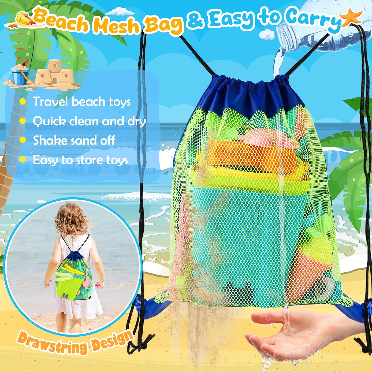 Beach Toys for Kids Toddlers, Sand Castle Toys with 4 Sand Bucket and Shovels, Mesh Bag & Molds, Ice Cream Travel