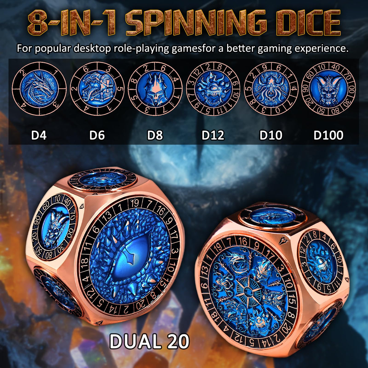 8-in-1 RPG Dice Set, Metal Spinner Dice with Dual D20, Copper Blue