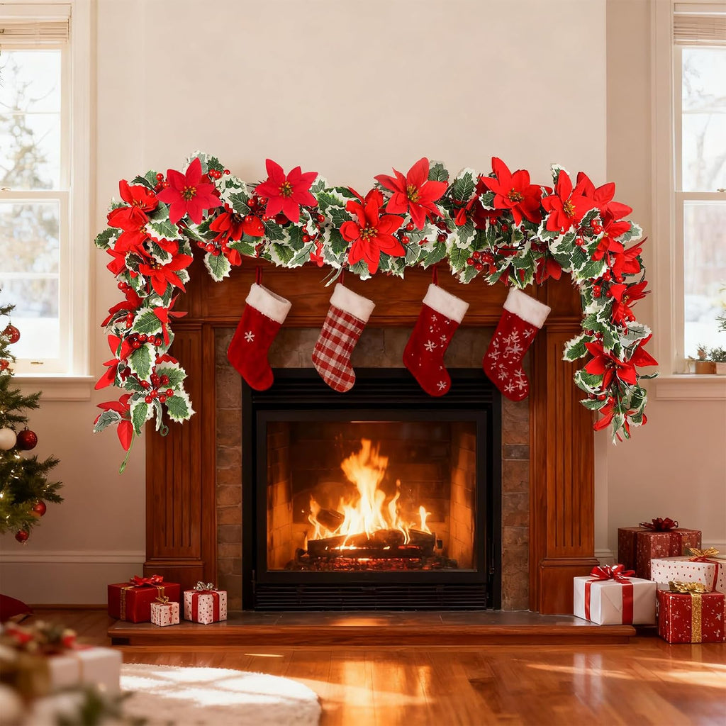 Christmas Garland, Artificial Red Flowers with Berries and Holly Leaves | Indoor Outdoor Garland