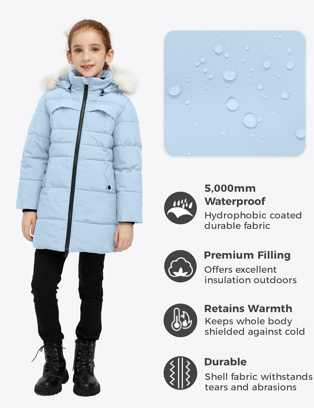 Girls' Winter Coat Waterproof Long Puffer Jacket Warm Parka Hooded | 5000mm Waterproof,Removable Faux Fur Hood,Fleece