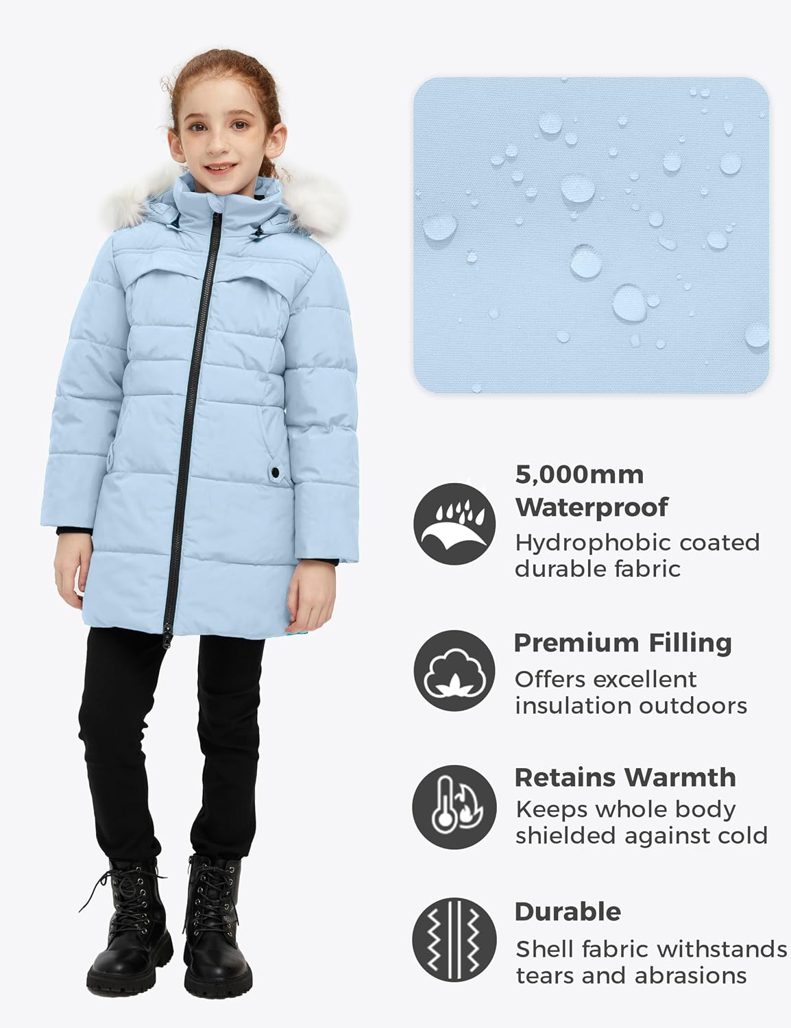 Girls' Winter Coat Waterproof Long Puffer Jacket Warm Parka Hooded | 5000mm Waterproof,Removable Faux Fur Hood,Fleece