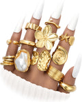 12 PCS Chunky Gold Rings for Women Non Tarnish Statement Flower Ring, 14K Gold Plated Stackable Open Stacking Rings
